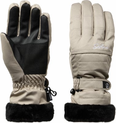 Damenhandschuhe mit Lederhandfläche und Pelzbesatz.
