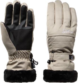 Damenhandschuhe mit Lederhandfläche und Pelzbesatz.