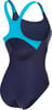 Dunkelblaue Damen-Badeanzug mit türkisfarbenen Akzenten und geometrischem Muster.