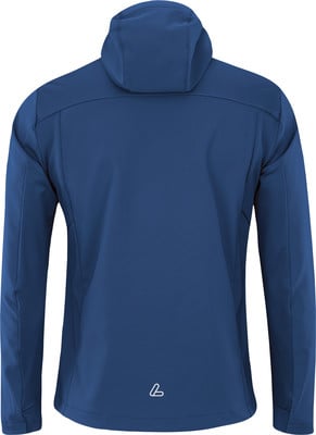Blaue Herrenjacke mit Kapuze und Logo am unteren Rücken.