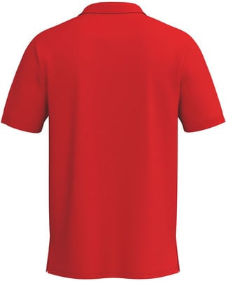 Rückansicht eines roten Poloshirts mit kurzen Ärmeln. Rückansicht eines roten Poloshirts mit kurzen Ärmeln.
