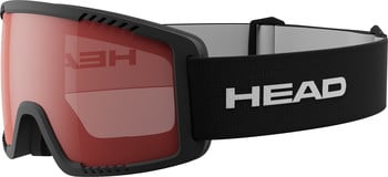 Skibrille mit roter Linse und schwarzem Gurt mit HEAD-Logo.