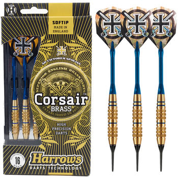 Harrows Corsair Brass Softip Dartset mit blauen Schäften und goldenen Spitzen.