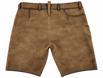 Braune Lederhose mit dunklerer Paspel und Taschen.
