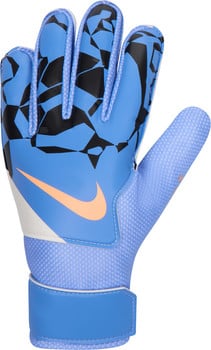 Blauer Nike Torwarthandschuh mit schwarzem und orangem Muster und Nike-Logo.