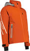 Orange Skijacke mit grauer Kapuze und weißem CMP-Logo auf dem Ärmel.