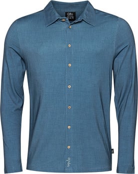 Blaues Langarmhemd für Herren mit Holzknöpfen.