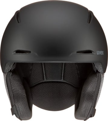 Schwarzer Skihelm mit Uvex-Logo und Innenpolsterung. Schwarzer Skihelm mit Uvex-Logo und Innenpolsterung.