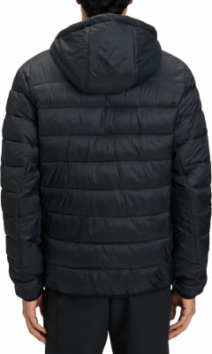 Rückansicht einer schwarzen Daunenjacke mit Kapuze.