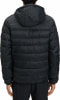 Rückansicht einer schwarzen Daunenjacke mit Kapuze.