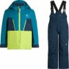 Blaue Skijacke und Latzhose für Kinder mit farbigen Einsätzen.