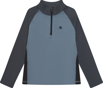 Graues Langarmshirt mit halbem Reißverschluss und Logo.