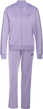 Lila Adidas Trainingsanzug mit Streifen an Ärmeln und Hosenbeinen.