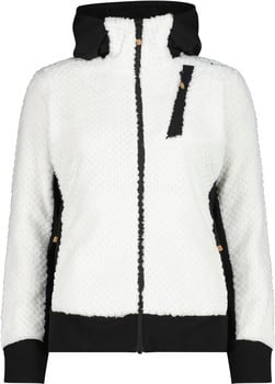 Weiße Fleecejacke mit schwarzen Details und Kapuze, Reißverschluss.
