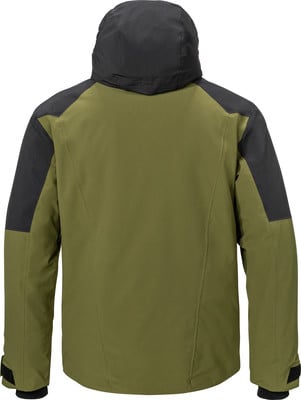 Grüne Jacke mit schwarzer Kapuze und schwarzen Schultern, Rückansicht.