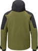Grüne Jacke mit schwarzer Kapuze und schwarzen Schultern, Rückansicht.