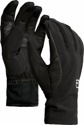 Schwarze Lederhandschuhe mit Textilakzenten und Markenlogo.