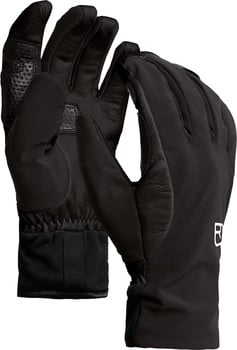 Schwarze Lederhandschuhe mit Textilakzenten und Markenlogo.