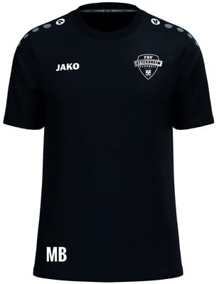 Schwarzes T-Shirt mit JAKO-Logo und Schriftzug, mit Initialen MB.