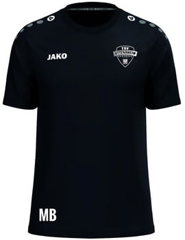 Schwarzes T-Shirt mit JAKO-Logo und Schriftzug, mit Initialen MB.
