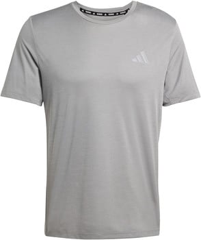 Graues Adidas-T-Shirt mit Logo auf der Brust und Streifenmuster.