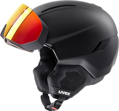 Schwarzer Skihelm mit rot-gelber Visierscheibe und Uvex-Logo. Schwarzer Skihelm mit rot-gelber Visierscheibe und Uvex-Logo.