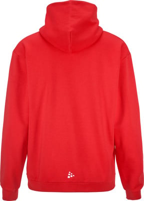 Ein roter Kapuzenpullover mit hohem Kragen und kleinem weißem Logo unten. Ein roter Kapuzenpullover mit hohem Kragen und kleinem weißem Logo unten.