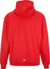 Ein roter Kapuzenpullover mit hohem Kragen und kleinem weißem Logo unten.