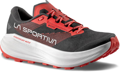 Schwarzer La Sportiva Prodigio Max Laufschuh mit roten Details und weißer Sohle. Schwarzer La Sportiva Prodigio Max Laufschuh mit roten Details und weißer Sohle.