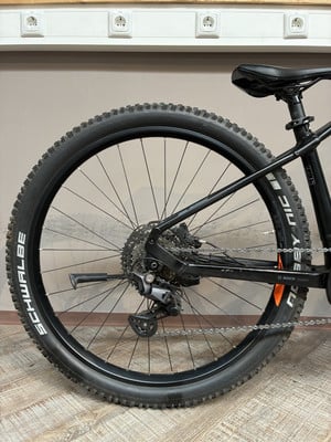 Hinterrad eines schwarzen Mountainbikes mit Federung und Schaltwerk. Hinterrad eines schwarzen Mountainbikes mit Federung und Schaltwerk.