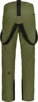 Grüne Hose mit schwarzen Hosenträgern und dunklem Logo am Bein. Grüne Hose mit schwarzen Hosenträgern und dunklem Logo am Bein.