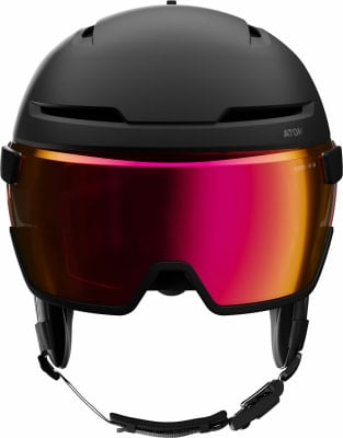 Schwarzer Skihelm mit integriertem verspiegeltem Visier in Rosa- und Orangetönen. Schwarzer Skihelm mit integriertem verspiegeltem Visier in Rosa- und Orangetönen.