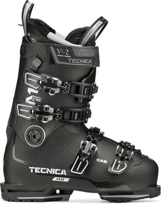 Schwarzer Tecnica Skischuh mit Schnallen und Logo. Schwarzer Tecnica Skischuh mit Schnallen und Logo.