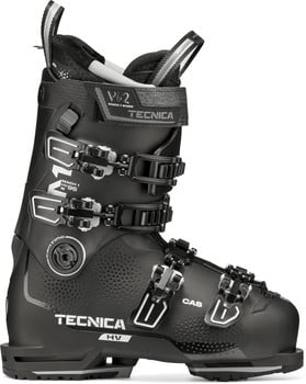 Schwarzer Tecnica Skischuh mit Schnallen und Logo.