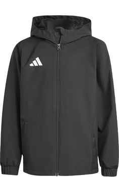 Schwarze Adidas Herrenjacke mit Kapuze und Logo auf der linken Brust.