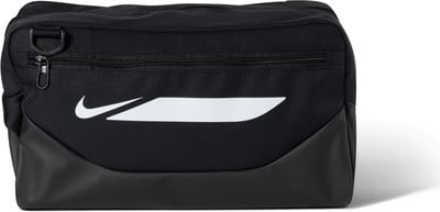 Schwarze Nike Tasche mit weißem Logo und Reißverschluss, perfekt für unterwegs.