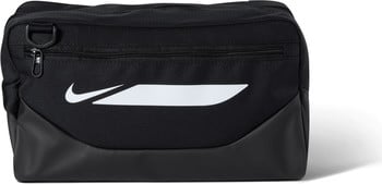 Schwarze Nike Tasche mit weißem Logo und Reißverschluss, perfekt für unterwegs.