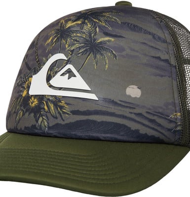 Eine Kappe mit Palmenblattmuster und weißem Quiksilver-Logo. Eine Kappe mit Palmenblattmuster und weißem Quiksilver-Logo.