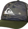 Eine Kappe mit Palmenblattmuster und weißem Quiksilver-Logo.