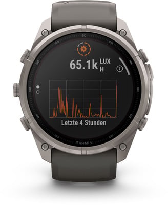 Eine Garmin Smartwatch zeigt 65,1k LUX und ein Diagramm der letzten 4 Stunden an.