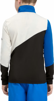 Rückansicht einer Kinderjacke mit Farbblockierung in Weiß, Schwarz und Blau. Rückansicht einer Kinderjacke mit Farbblockierung in Weiß, Schwarz und Blau.