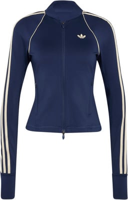 Marineblaue Adidas Jacke mit hellen Streifen und Logo auf der Brust. Marineblaue Adidas Jacke mit hellen Streifen und Logo auf der Brust.