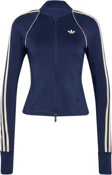 Marineblaue Adidas Jacke mit hellen Streifen und Logo auf der Brust.