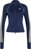 Marineblaue Adidas Jacke mit hellen Streifen und Logo auf der Brust.