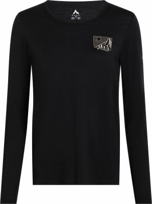 Schwarzes Langarmshirt mit Berg- und Sonnenaufdruck.