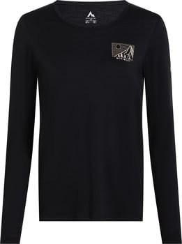 Schwarzes Langarmshirt mit Berg- und Sonnenaufdruck.