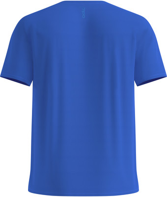 Blaues T-Shirt mit kurzen Ärmeln und Logo auf dem Rücken.