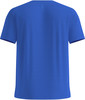 Blaues T-Shirt mit kurzen Ärmeln und Logo auf dem Rücken.