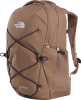 Brauner The North Face Jester Rucksack mit lila Schnürung und Netztasche.