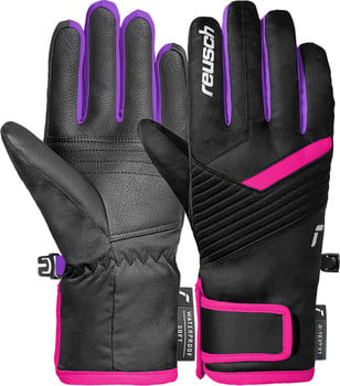 Schwarze Reusch Handschuhe mit lila und pinken Details, wasserdicht.